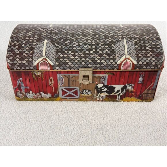 Vintage Tin Litho Barn Farm Animals Storage Box With Lid/Latch - Picture 11 of 15